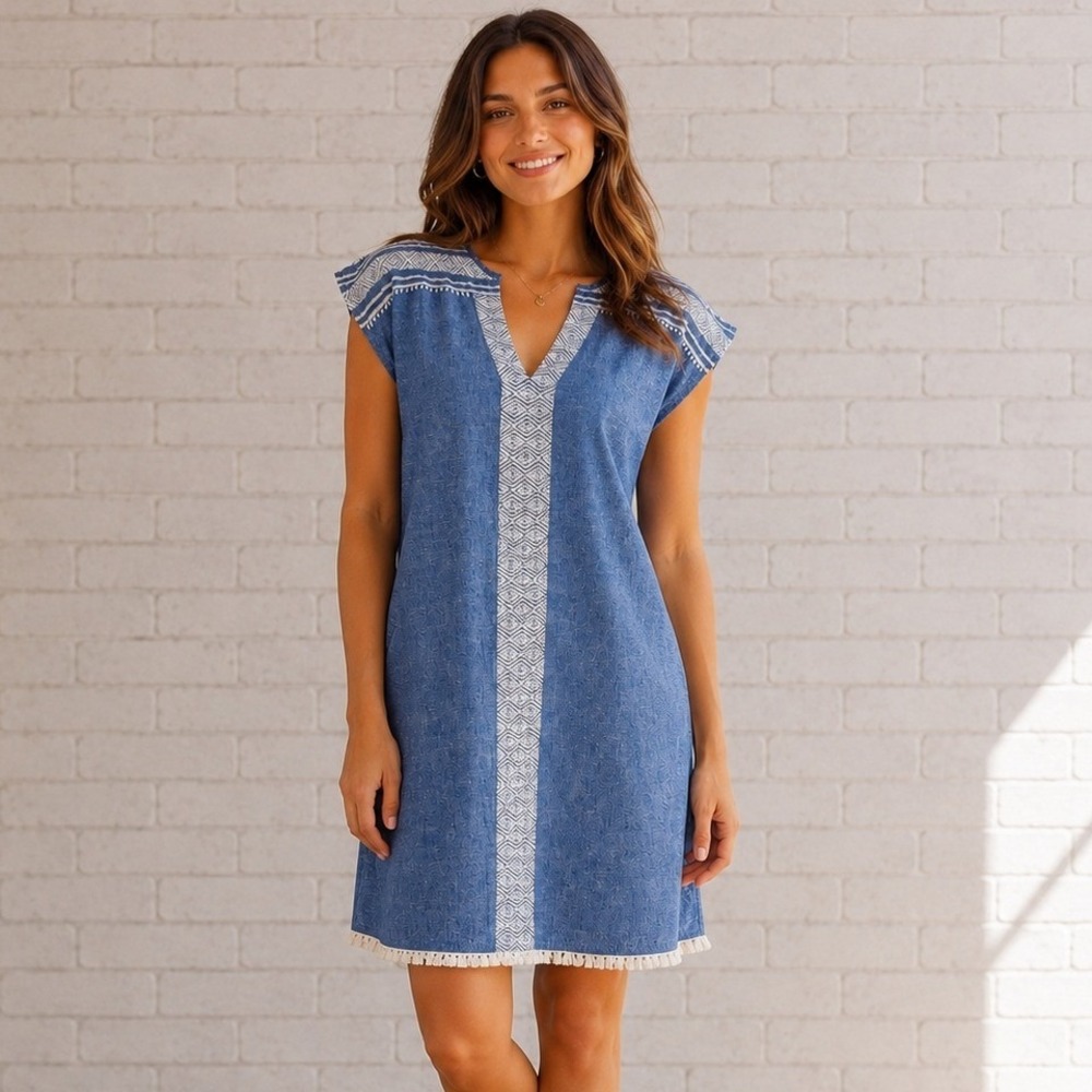 Joie Soft Shift Dress Blue Chambray Embroidered Linen Blend Boho Fringe Mini‎ S